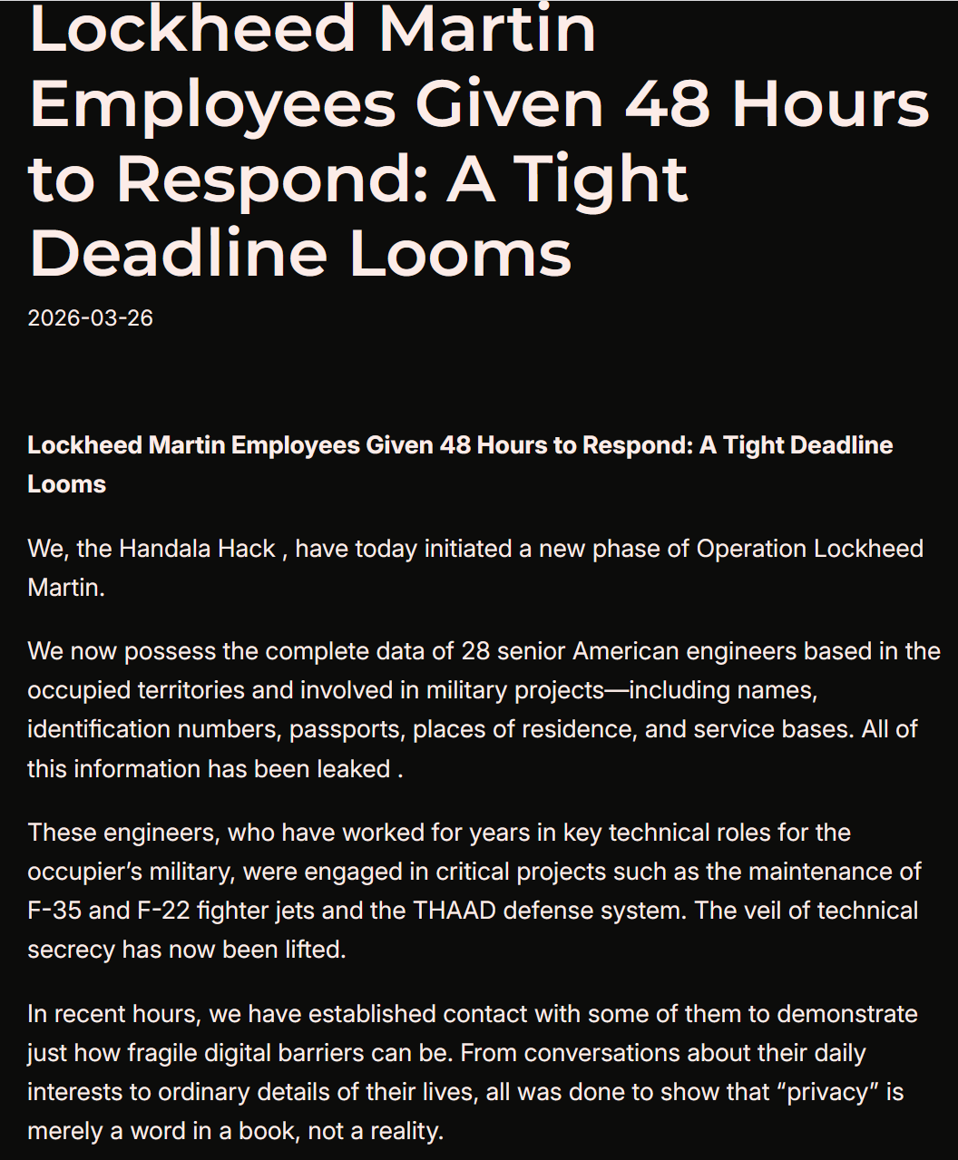 洛克希德·马丁公司 高级工程师数据泄露 | 直接威胁F-35、F-22及THAAD等关键项目-全球CTI监控