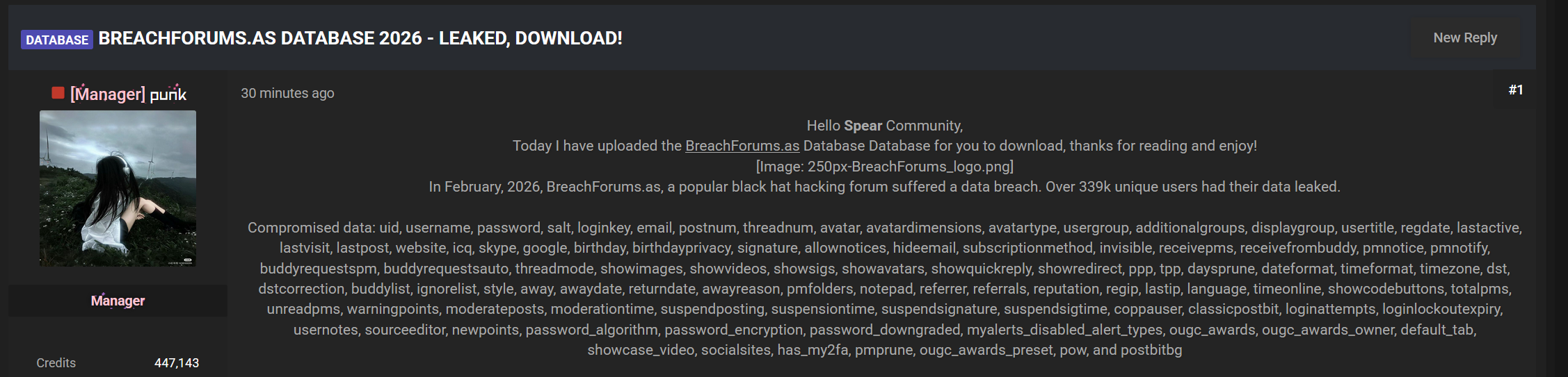 BreachForums 数据库泄露（2025 数据集，2026 年公开二次分发）-全球CTI监控