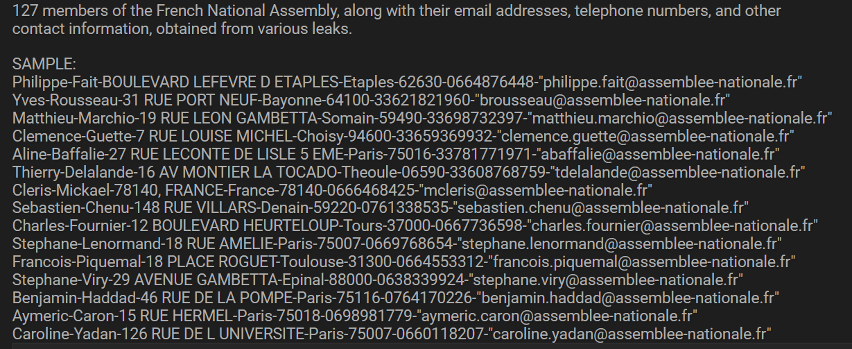 法国国民议会成员联系信息数据库泄露-全球CTI监控