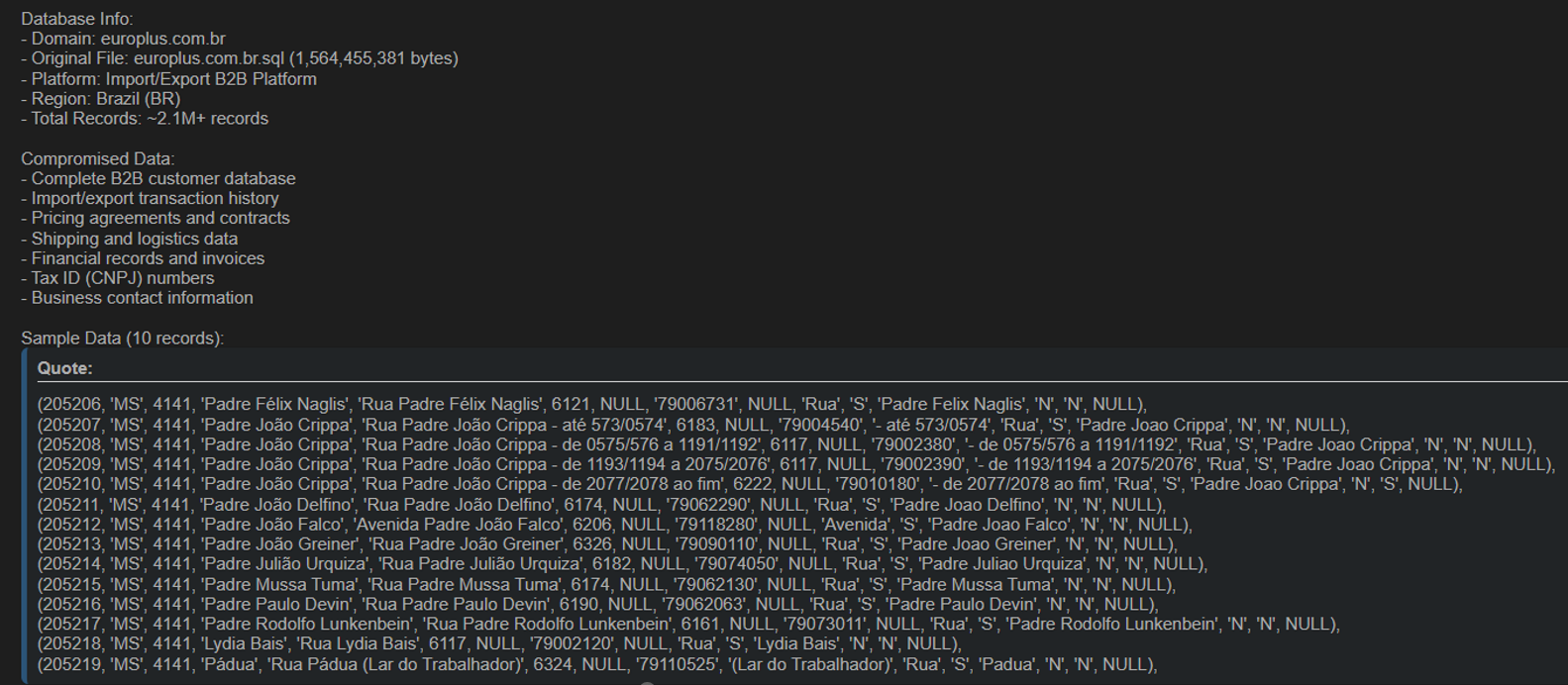 巴西进出口公司 Europlus 数据泄露210W-全球CTI监控