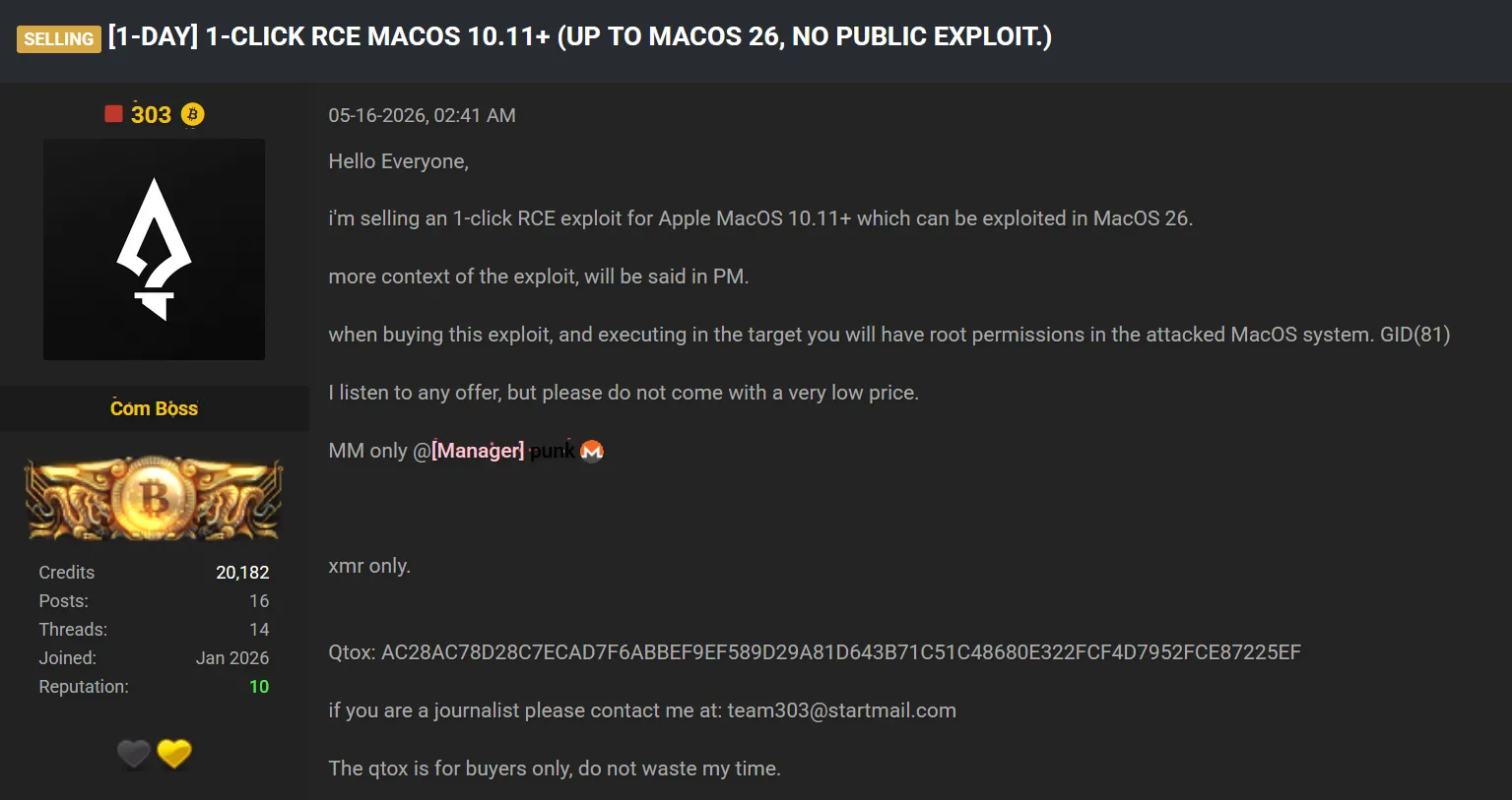 【1 day】一键RCE， macOS 10.11+（最高支持 macOS 26）-全球CTI监控