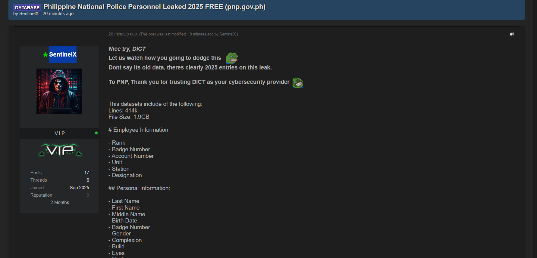 菲律宾国家警察（PNP）人员的数据库，其中包含来自pnp.gov.ph的414,000条记录（1.9 GB）-全球CTI监控