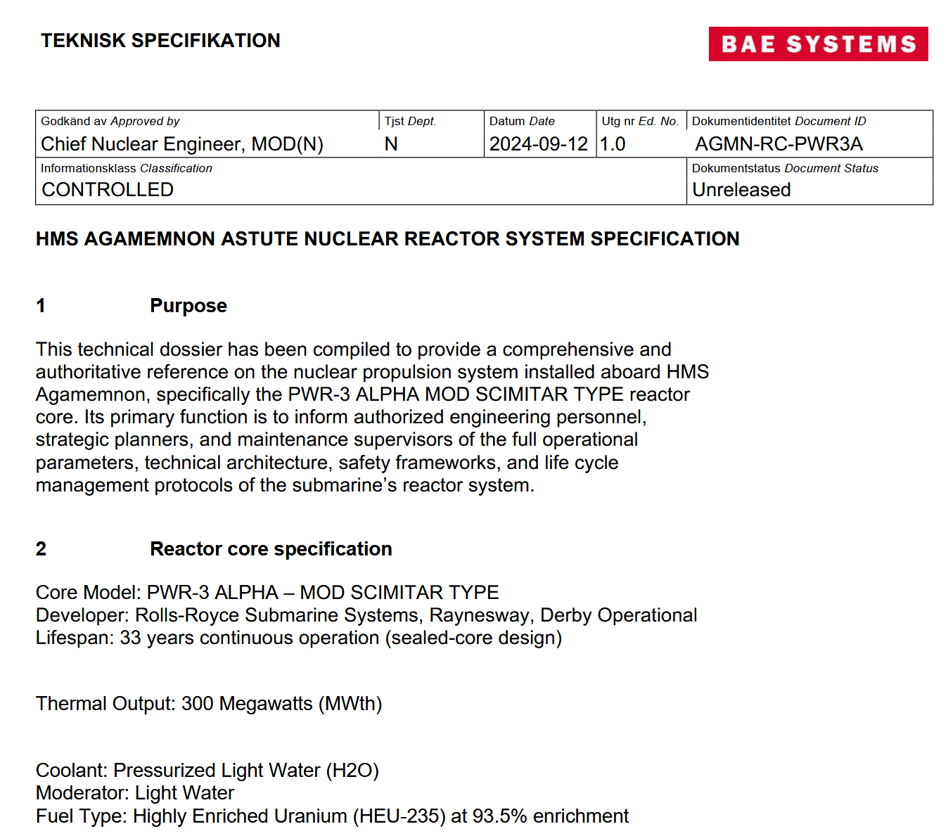 英国国防部核部门:HMS Agamemnon Astute 级核反应堆系统技术规格-全球CTI监控
