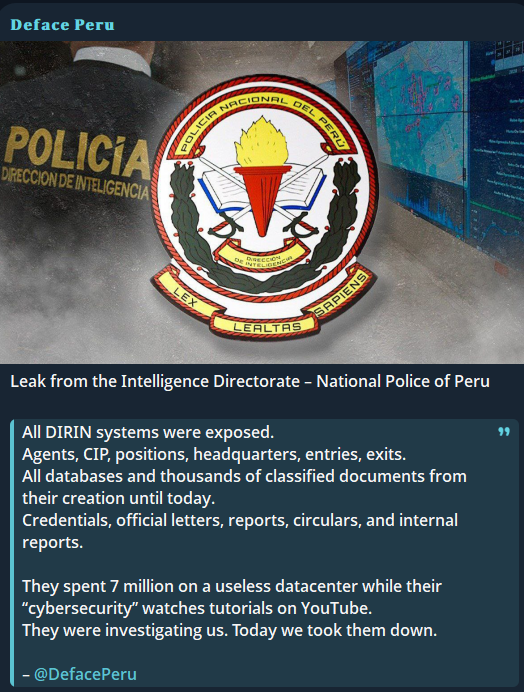 秘鲁国家警察情报局涉嫌数据泄露-全球CTI监控