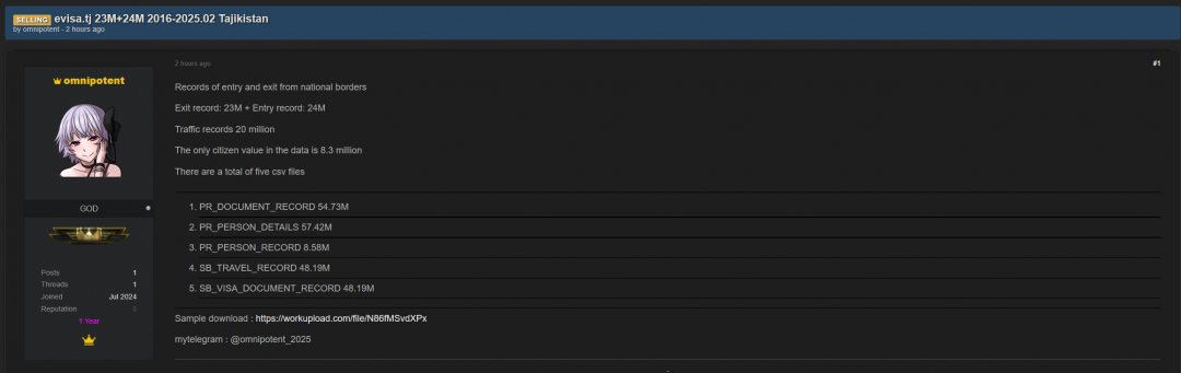 塔吉克斯坦共和国外交部涉嫌数据泄露-全球CTI监控