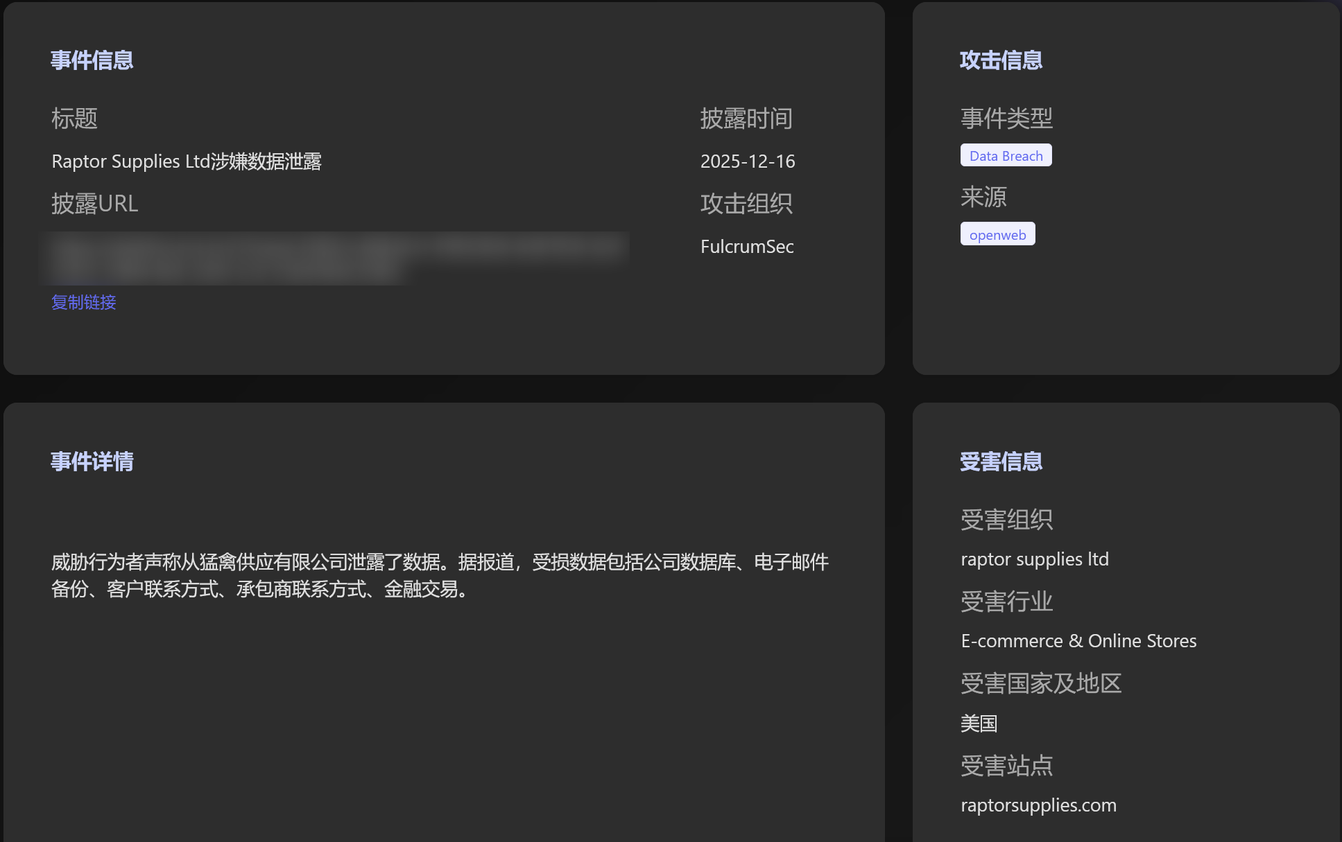猛禽公司450GB+数据泄露，涉多国军政机构与防务供应链-全球CTI监控