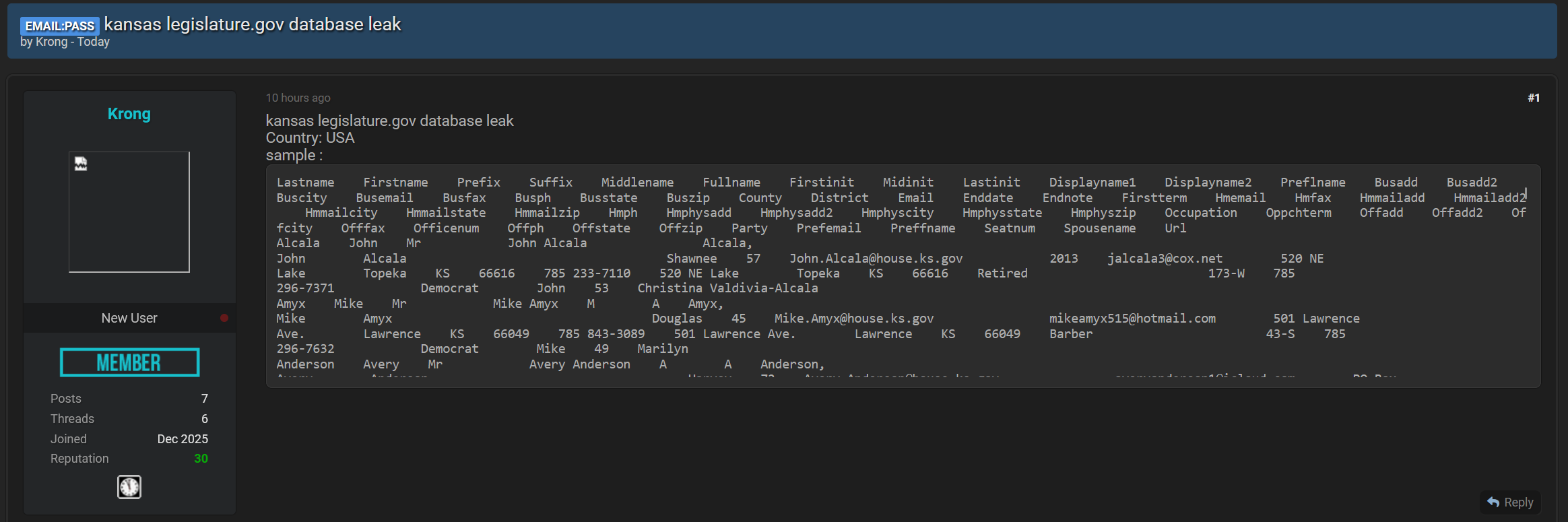 美国堪萨斯州议会涉嫌数据泄露-全球CTI监控