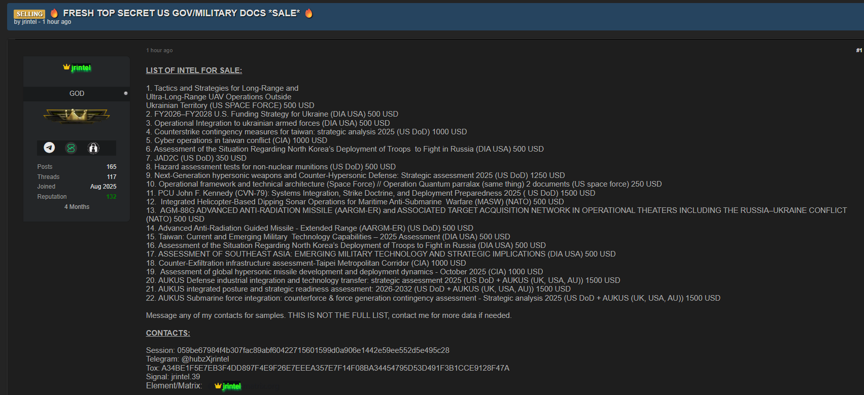 美国政府/军事机密文件 | 美国国防部、中央情报局、北约等信息。文件主题包括台湾问题、乌克兰冲突、网络行动等-全球CTI监控