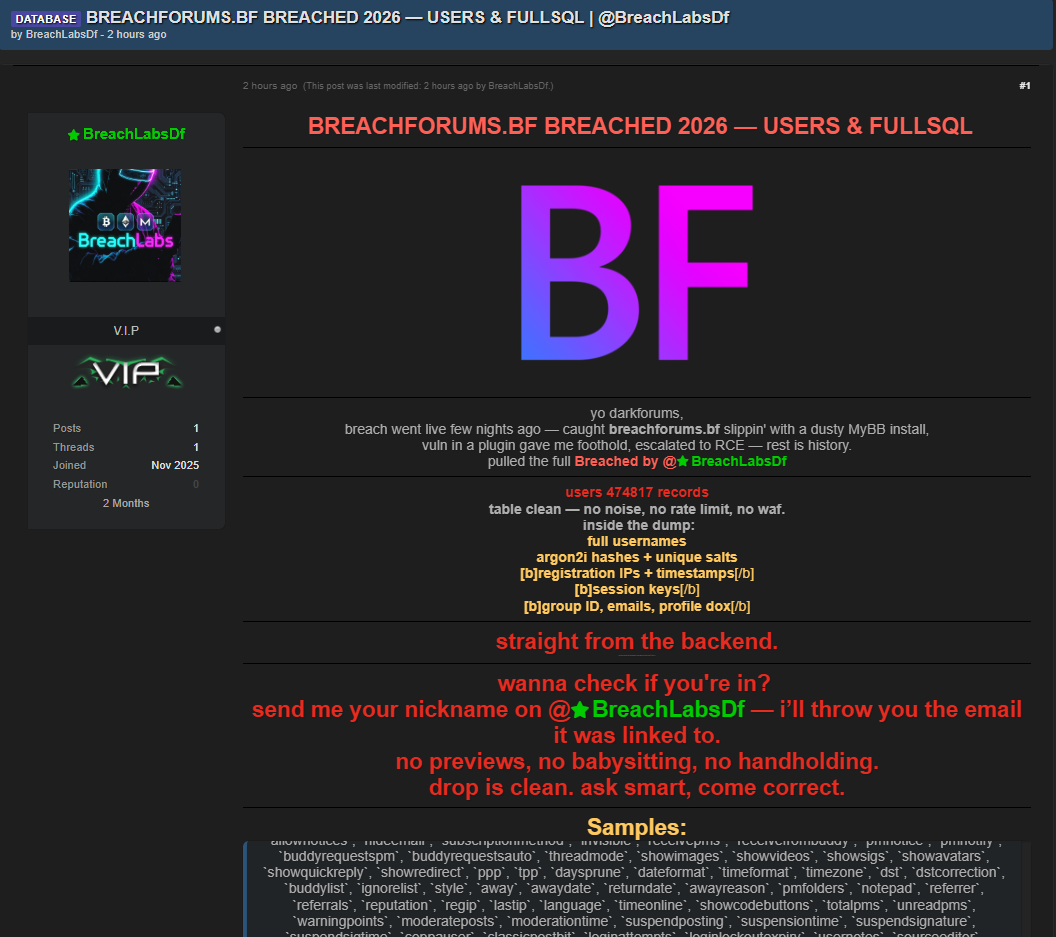BreachForums最新泄露数据库公开-全球CTI监控
