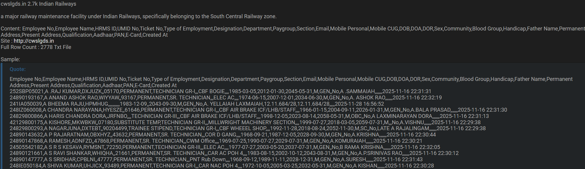 印度铁路南中央铁路区员工数据库(cwslgds.in)泄露-全球CTI监控