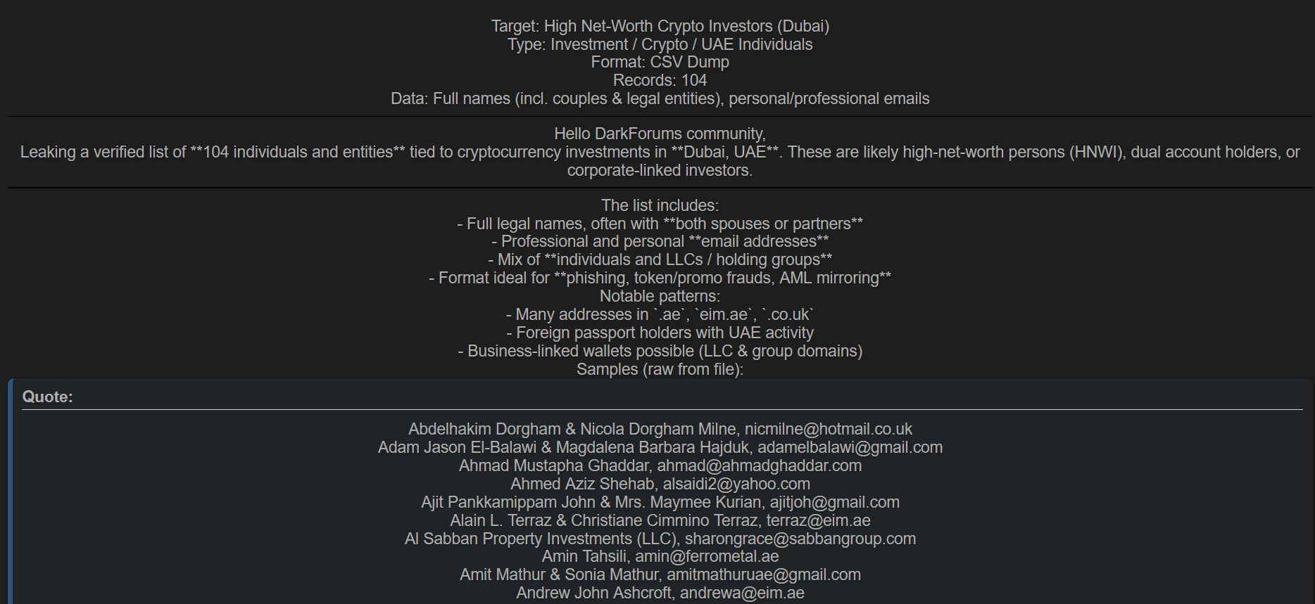 阿联酋高净值加密投资者数据库泄露-全球CTI监控