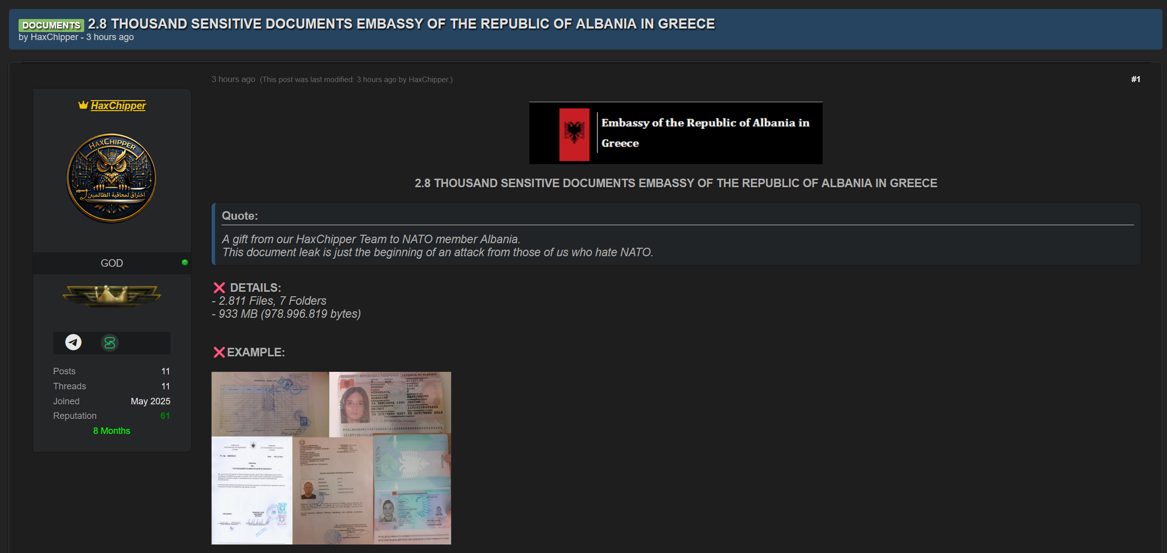 阿尔巴尼亚共和国驻希腊大使馆涉嫌敏感外交文件泄露-全球CTI监控