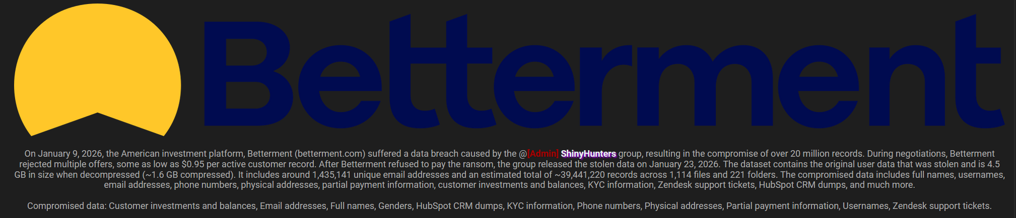 美国投资平台Betterment( betterment.com)2000万用户信息泄露-全球CTI监控