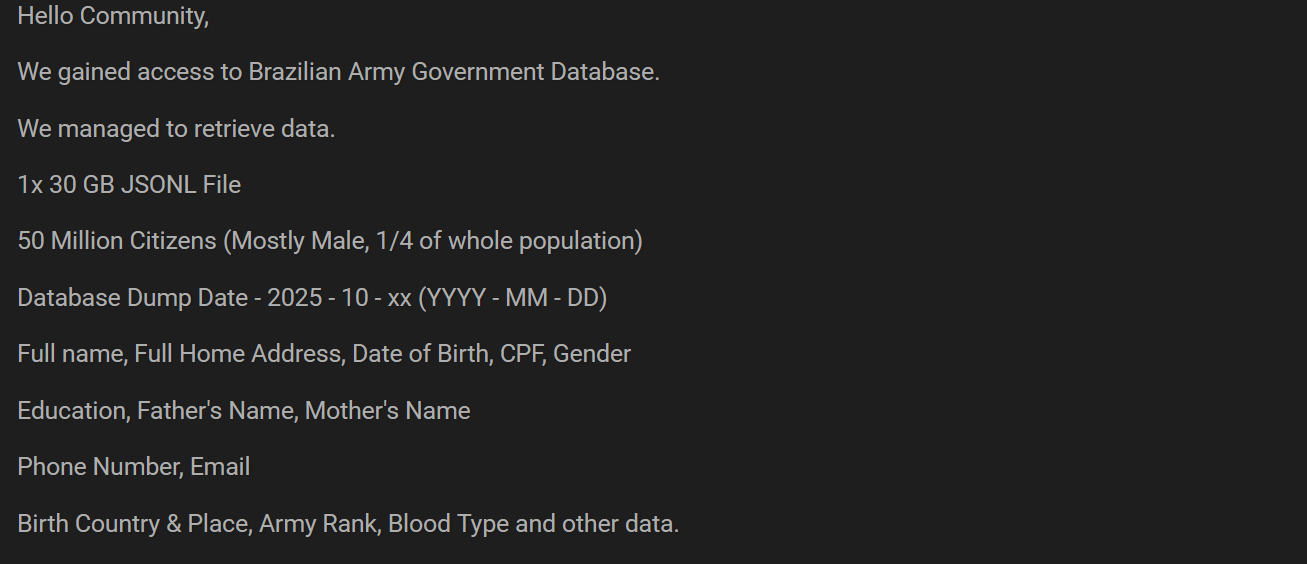 巴西军队政府数据库泄露事件-全球CTI监控