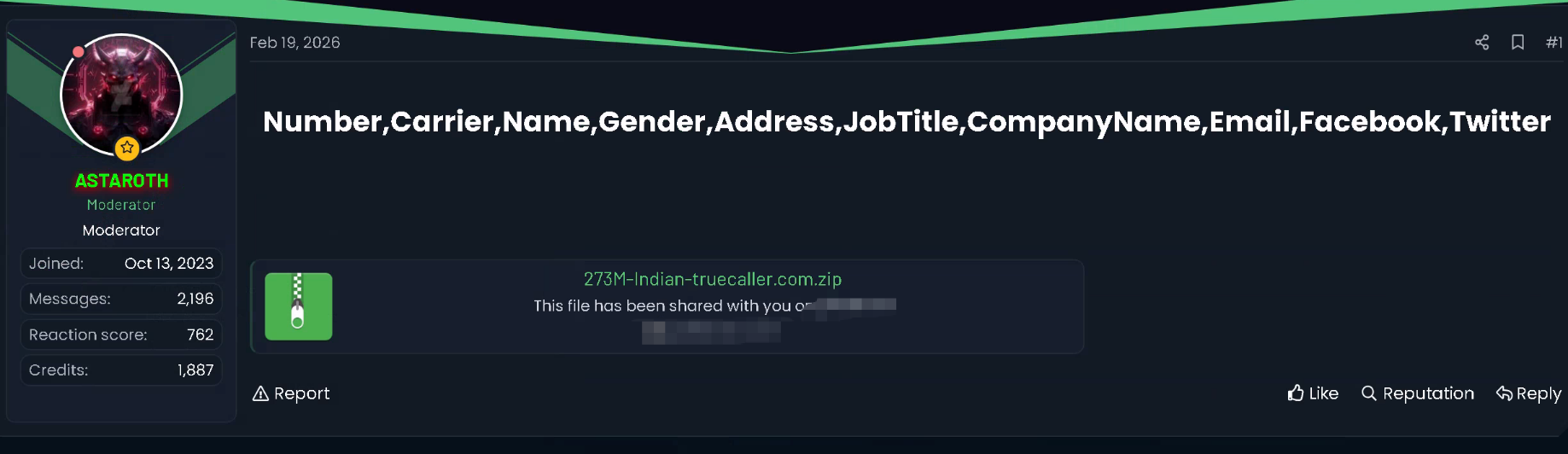 truecaller 数据2.73亿  Truecaller.com 印度数据库泄露-全球CTI监控