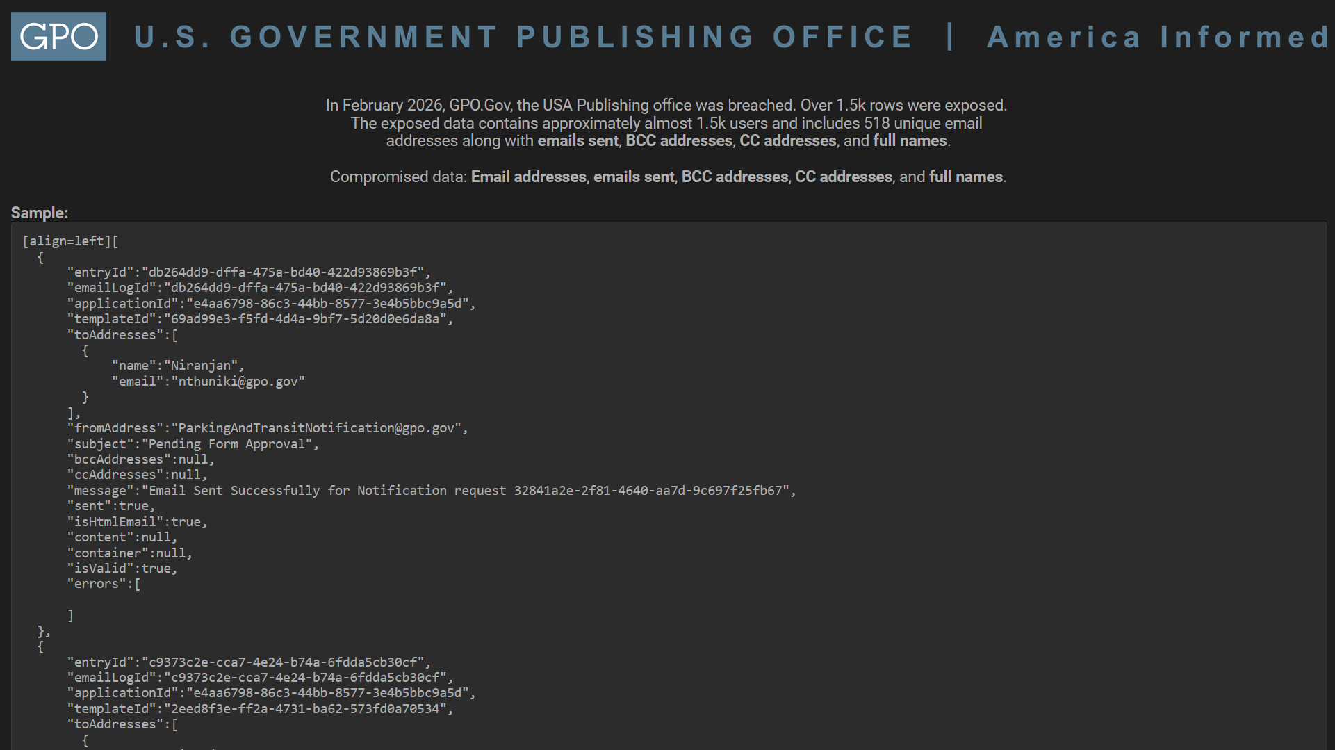 美国政府出版办公室（GPO）涉嫌数据泄露-全球CTI监控