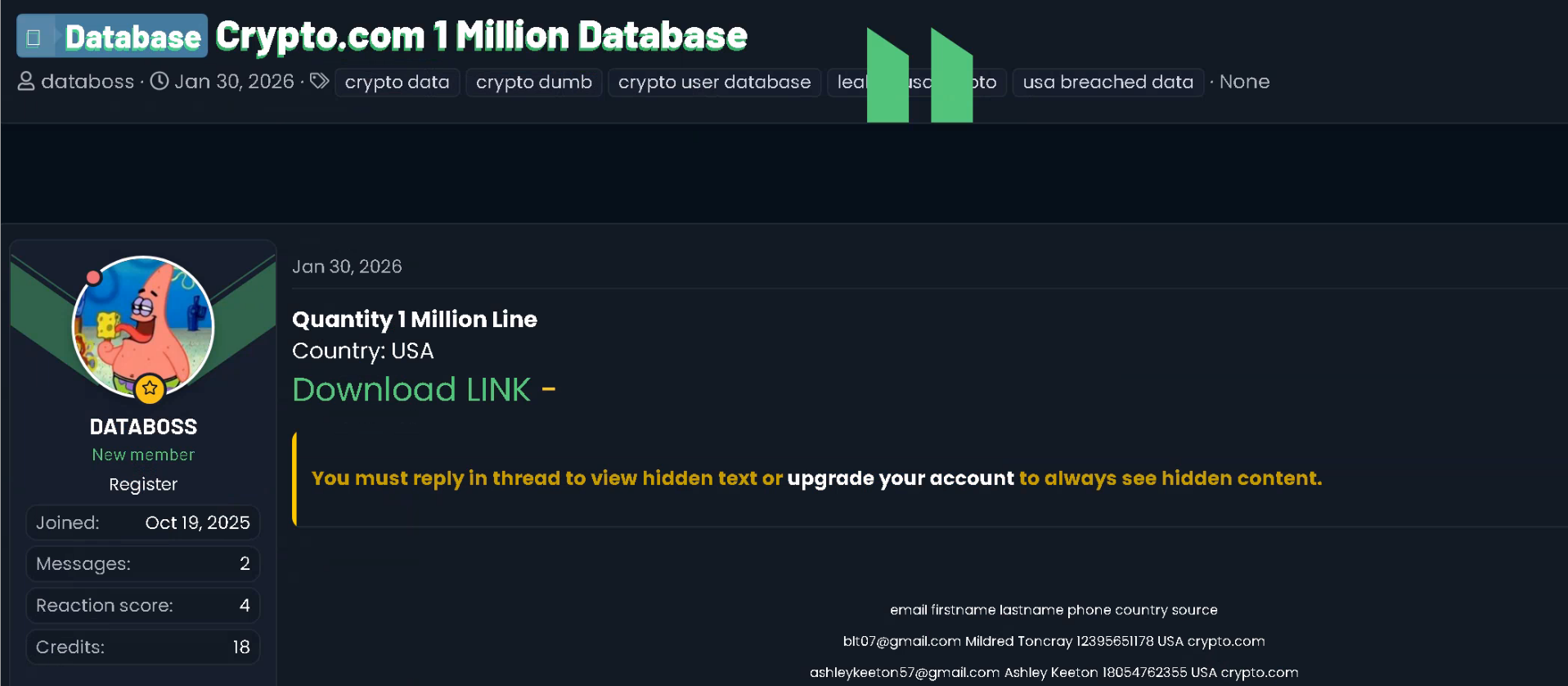 Crypto.com全球知名的加密货币交易所和金融服务平台信息泄露100W-全球CTI监控