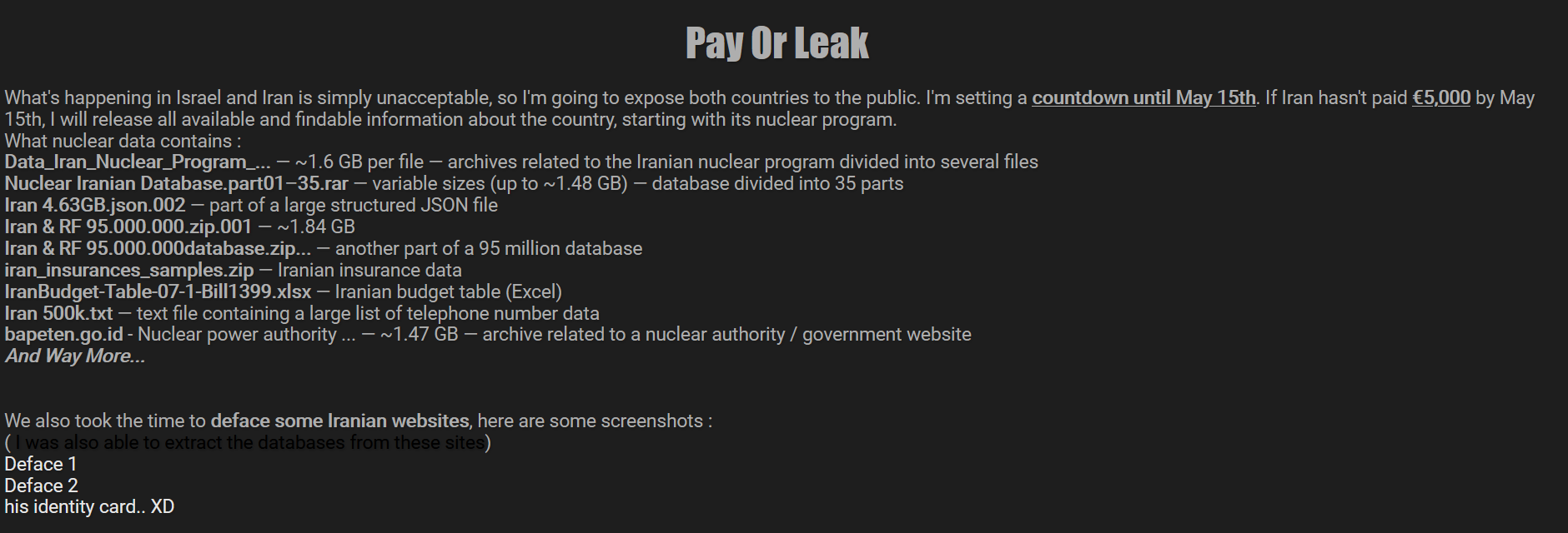 黑客组织威胁公开伊朗“77.56 GB核数据库”：以勒索方式施压-全球CTI监控