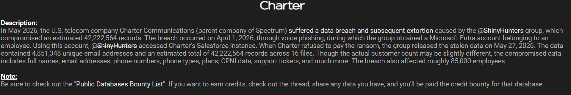 美国电信公司Charter Communications / 旧金山 / 4200万 / 2026-全球CTI监控